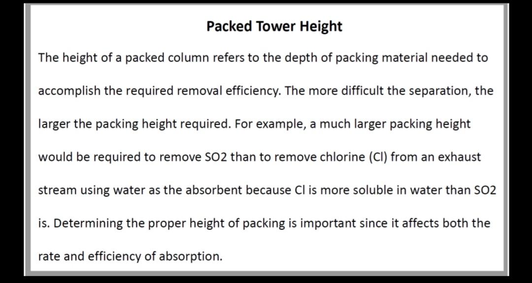 Packed Tower Height
The height of a packed column refers to the depth of packing material needed to accomplish the required r