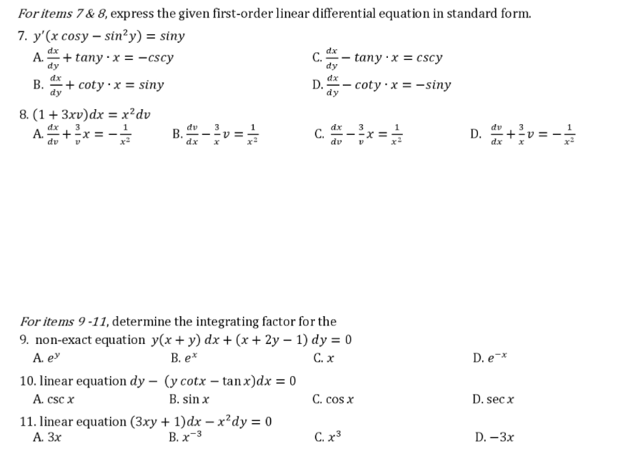 Solved For items 7 & 8, express the given first-order linear | Chegg.com