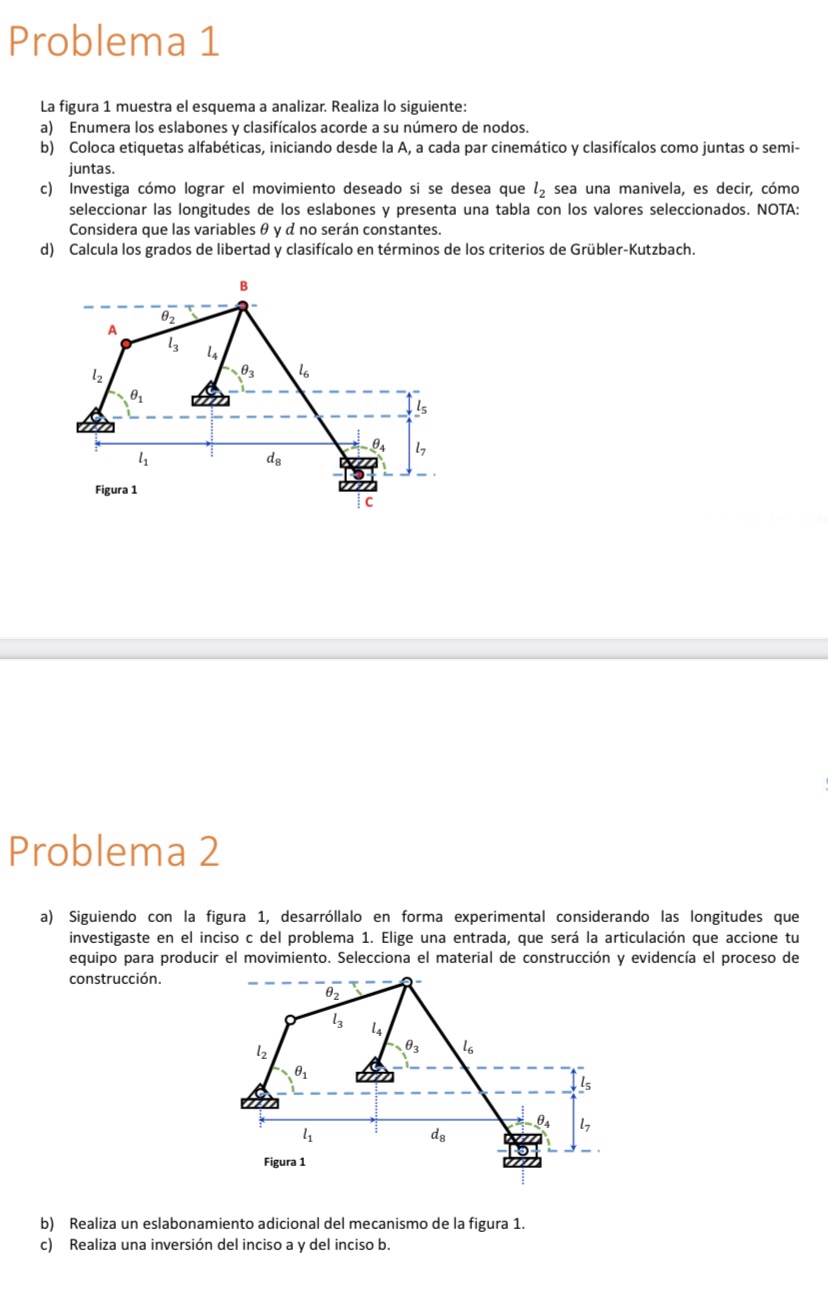 La figura 1 muestra el esquema a analizar. Realiza lo siguiente: a) Enumera los eslabones y clasifícalos acorde a su número d