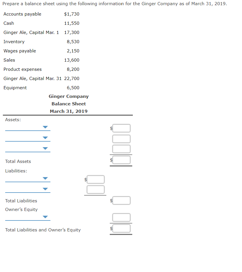 Solved Prepare A Balance Sheet Using The Following | Chegg.com