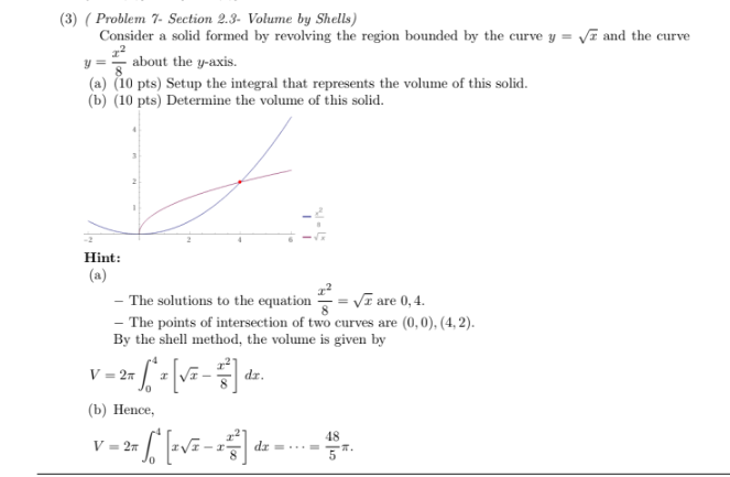 Solved (3) (Problem 7-Section 2.3-Volume By Shells) Consider | Chegg.com