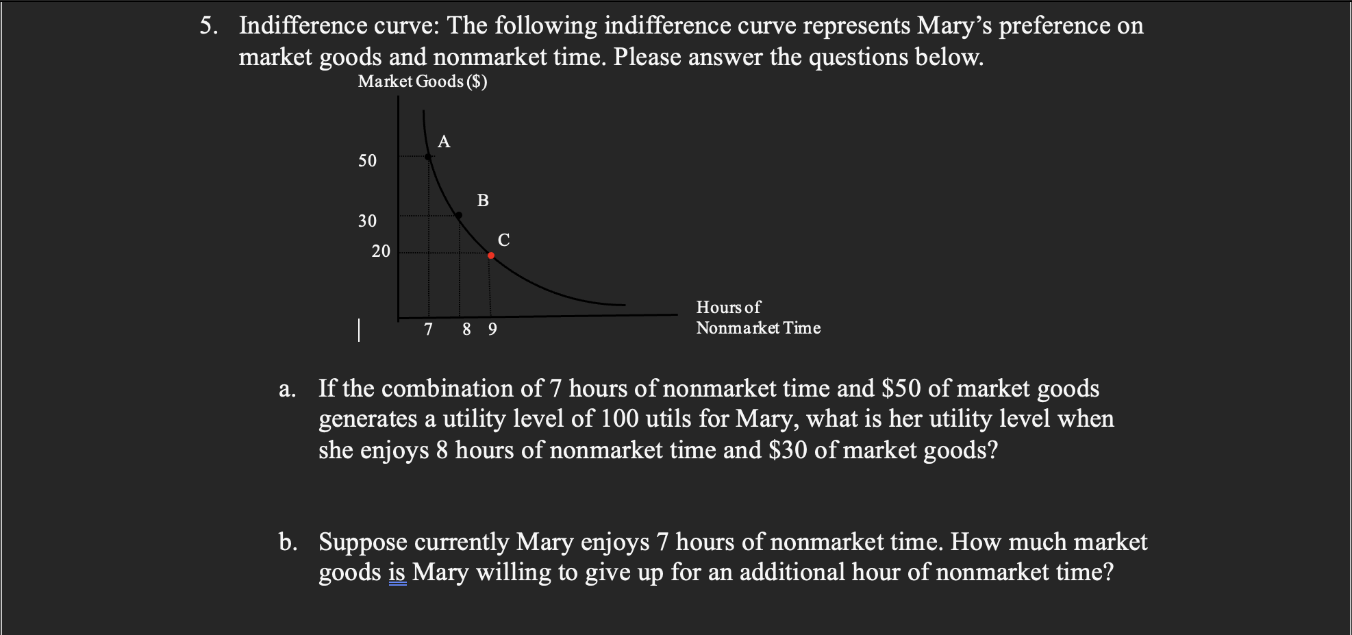 Indifference curve: The following indifference curve represents Marys preference on market goods and nonmarket time. Please