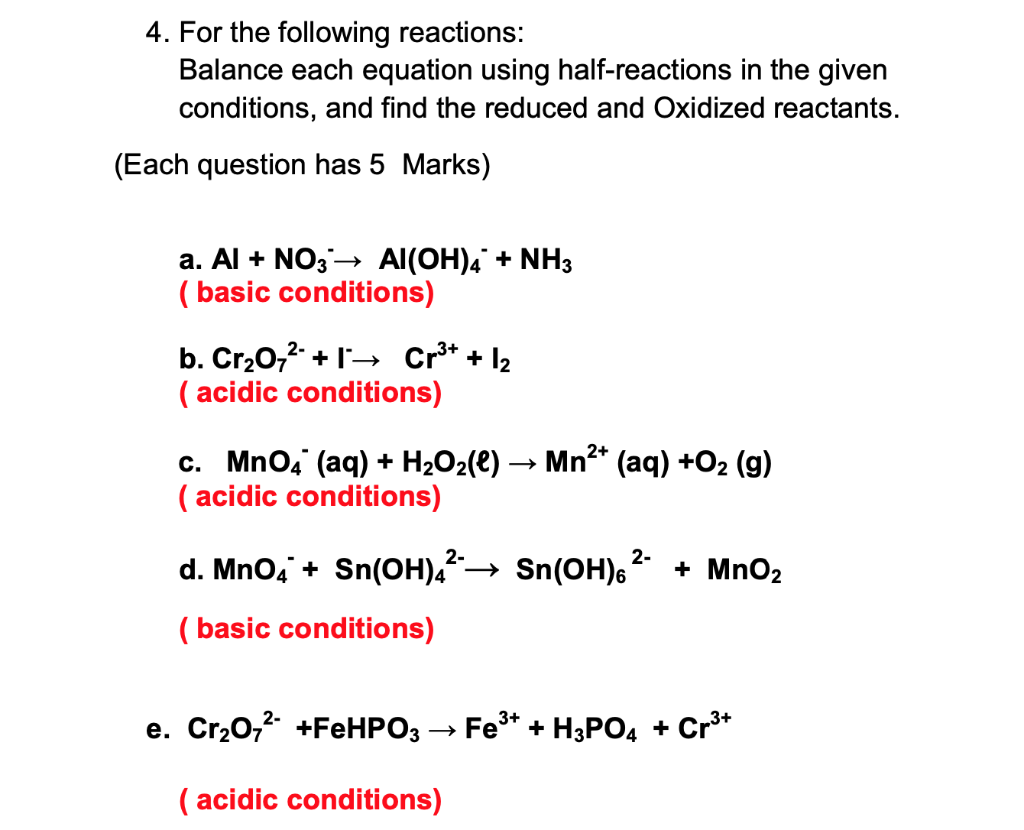 Solved 4. For the following reactions: Balance each equation | Chegg.com