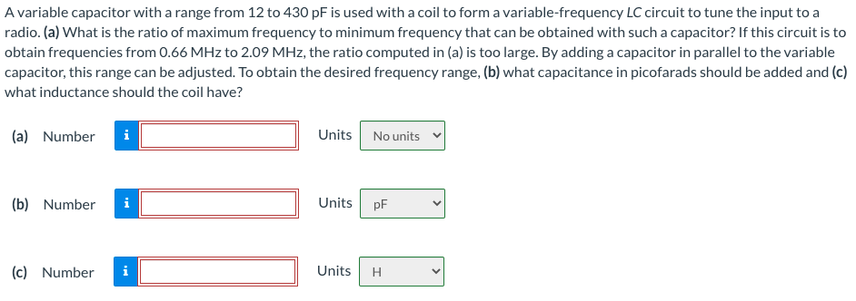 Solved A variable capacitor with a range from 12 to 430pF is | Chegg.com