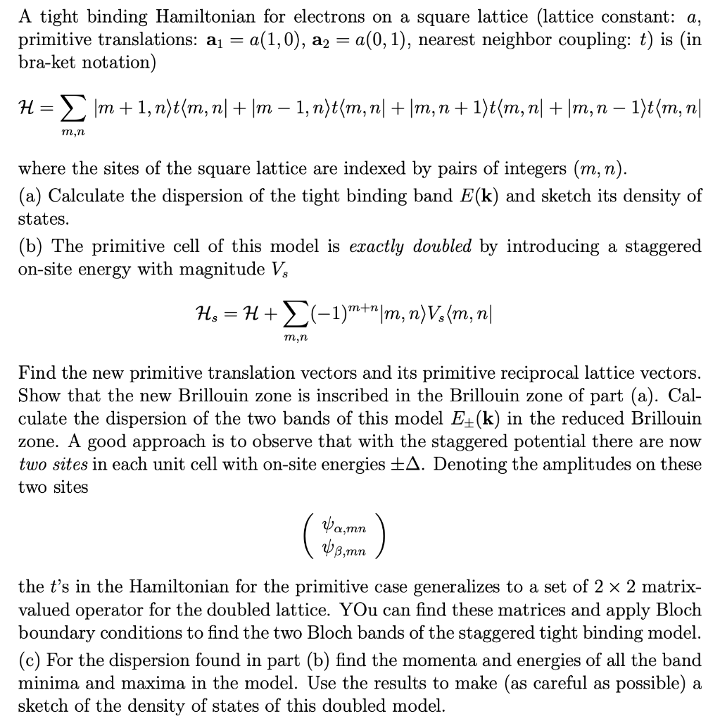 A tight binding Hamiltonian for electrons on a square | Chegg.com