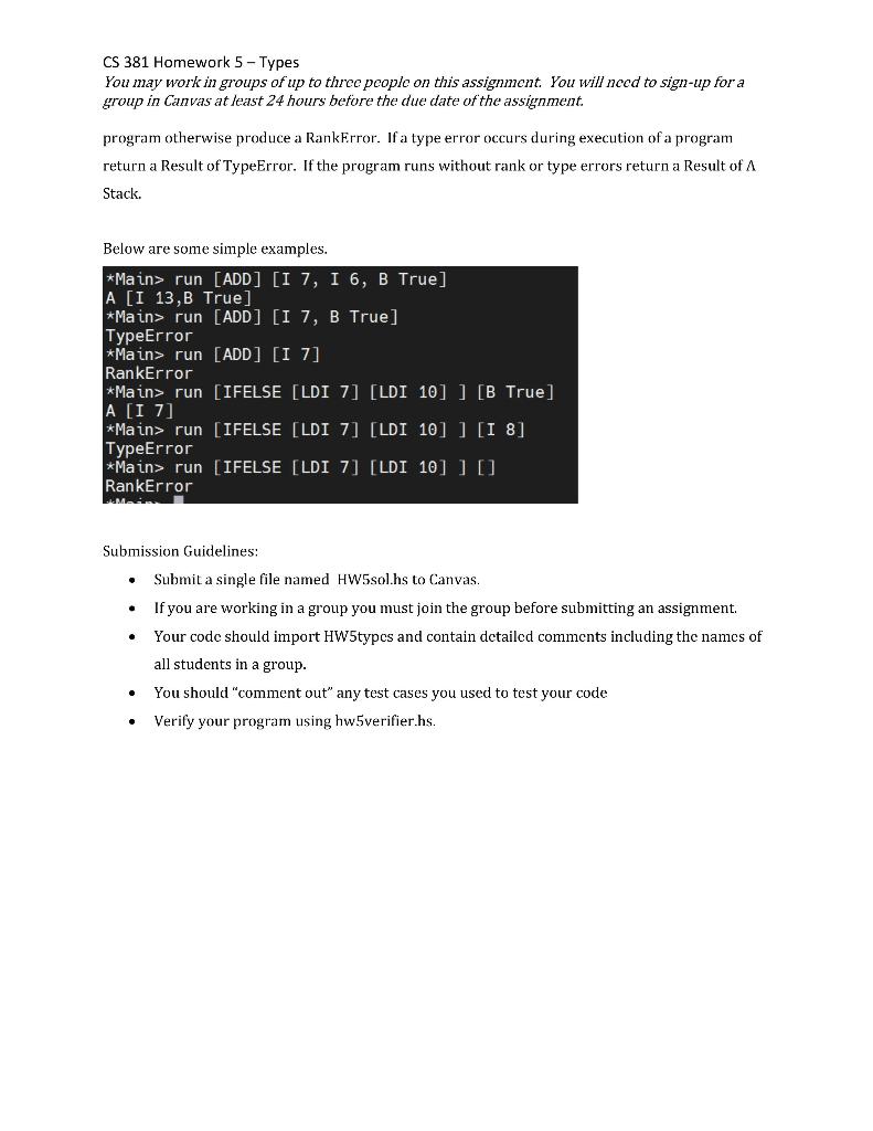 Solved CS 381 Homework 5 - Types You may work in groups of | Chegg.com