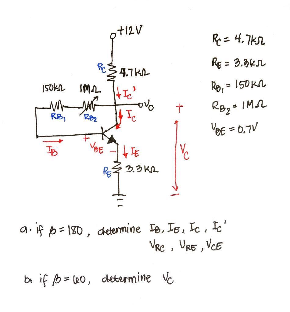 Solved +12V RC = 4.7kr RE = 3.3ks -4.7k2 150K12 IMA HIC R8, | Chegg.com