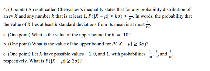 Solved 4. (3 points) A result called Chebyshev’s inequality | Chegg.com