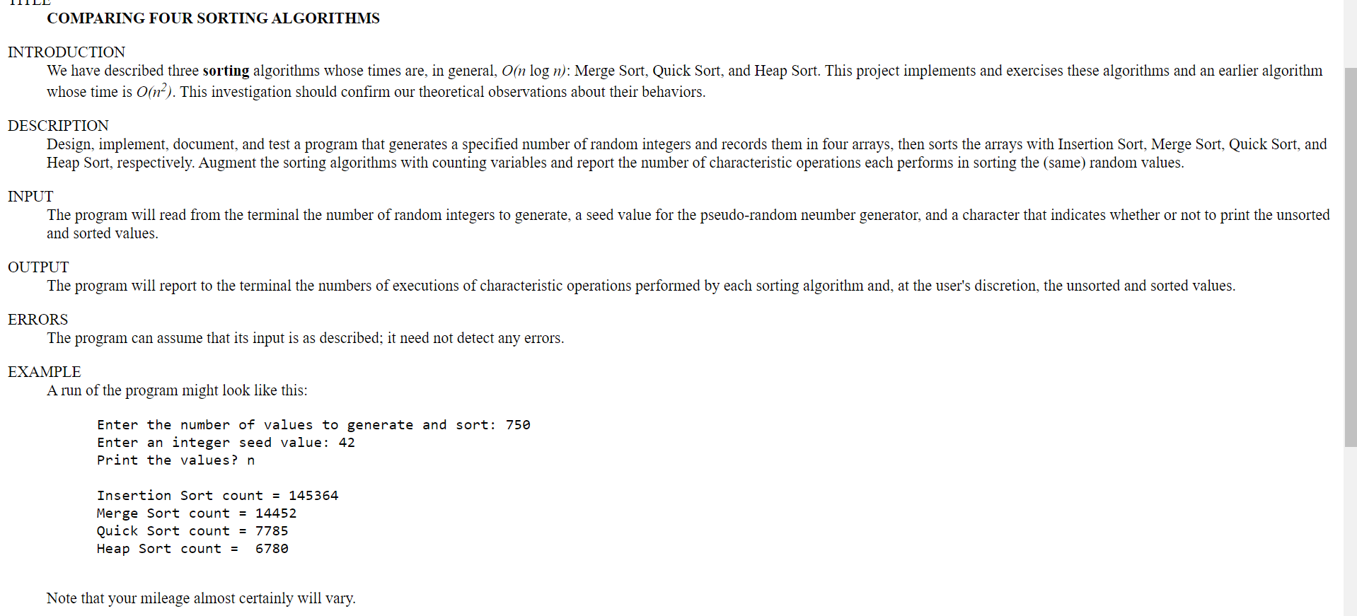 Solved COMPARING FOUR SORTING ALGORITHMS INTRODUCTION We | Chegg.com