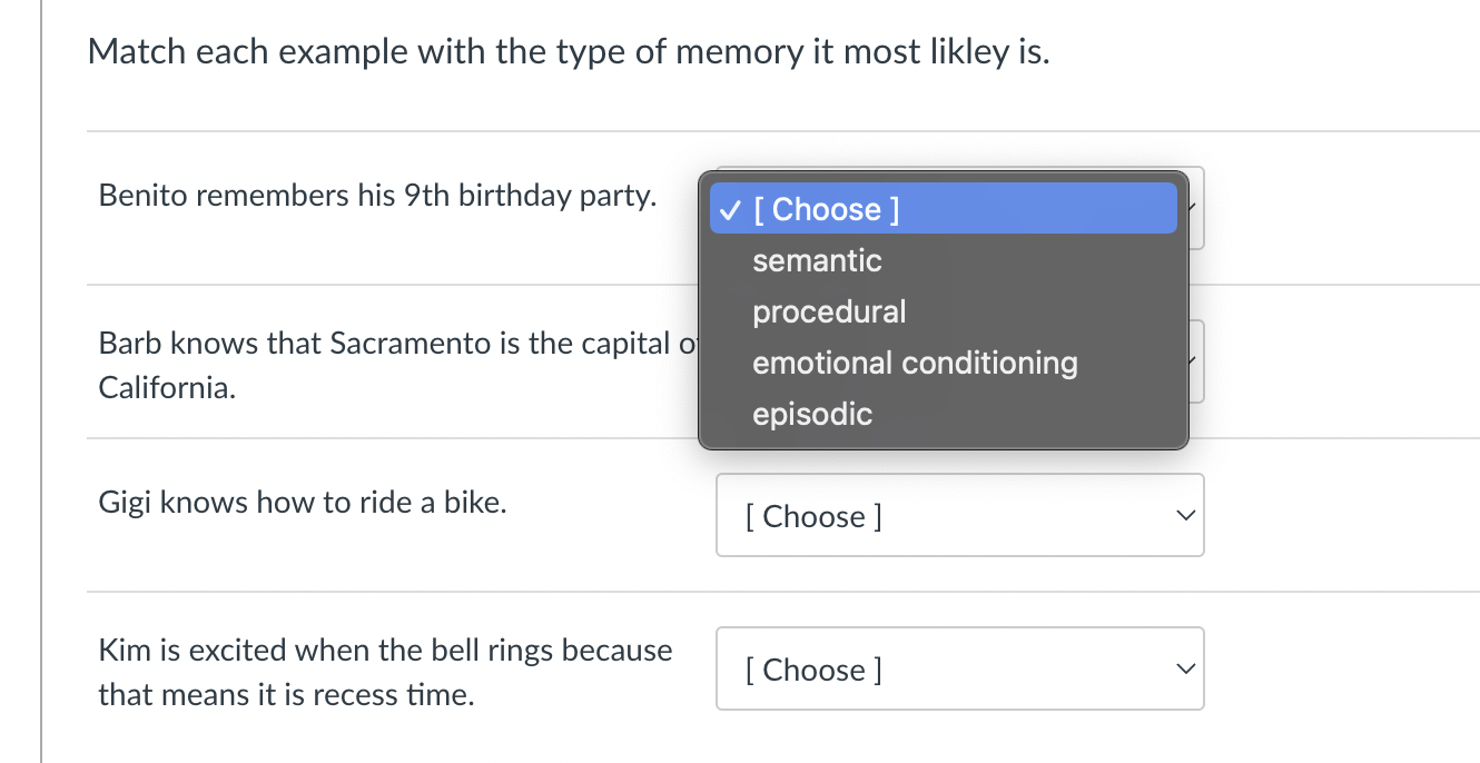 Solved Match Each Example With The Type Of Memory It Most | Chegg.com