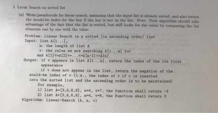 Solved 1 Lnear Search on sorted list (a) Write pseudocode | Chegg.com