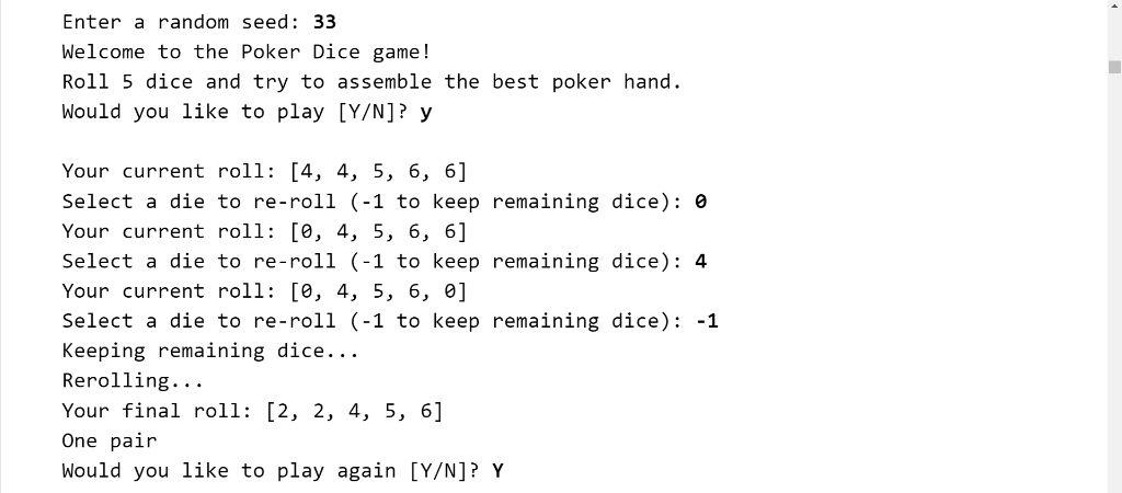 poker dice java code