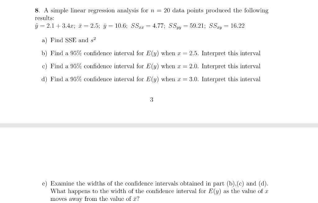 Solved 8. A simple linear regression analysis for n = 20 | Chegg.com