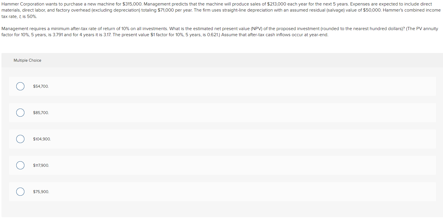Solved Hammer Corporation wants to purchase a new machine | Chegg.com