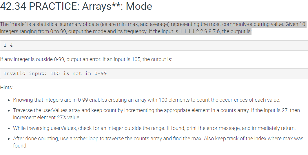 Solved 42 34 practice arrays mode the mode is a chegg