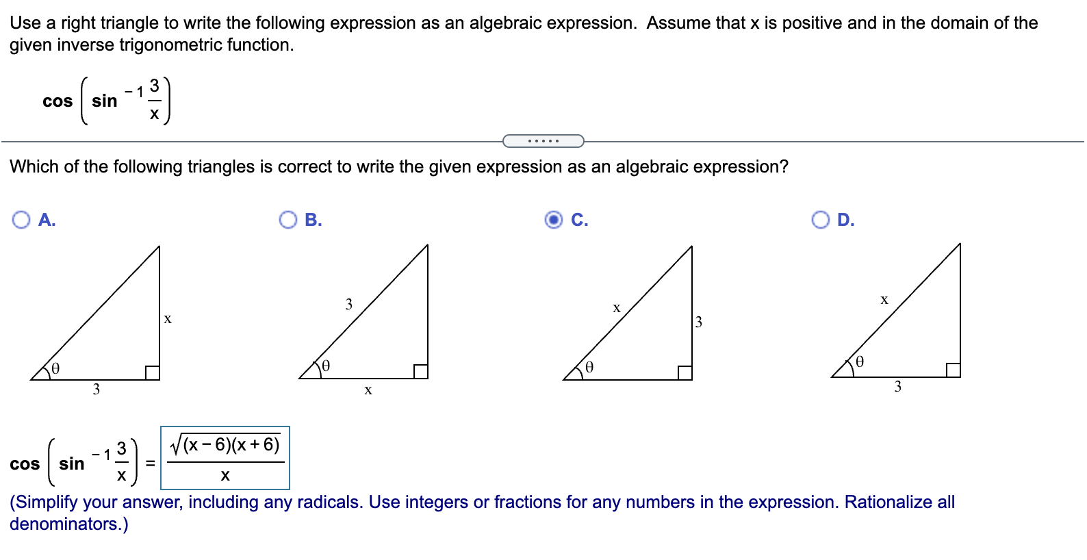 Solved Use a right triangle to write the following | Chegg.com