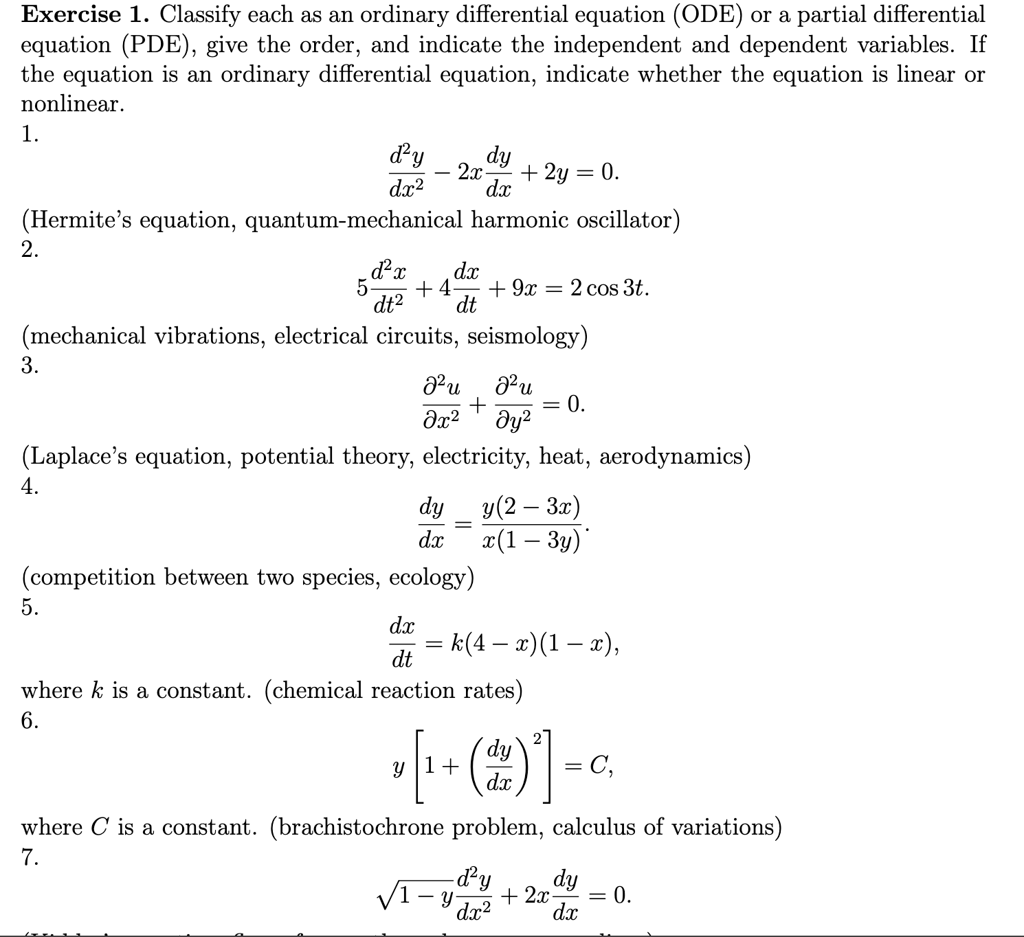 Solved Exercise 1. Classify each as an ordinary differential | Chegg.com