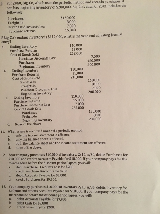 Solved 0. For 20X0, Big-Co, which uses the periodic method | Chegg.com