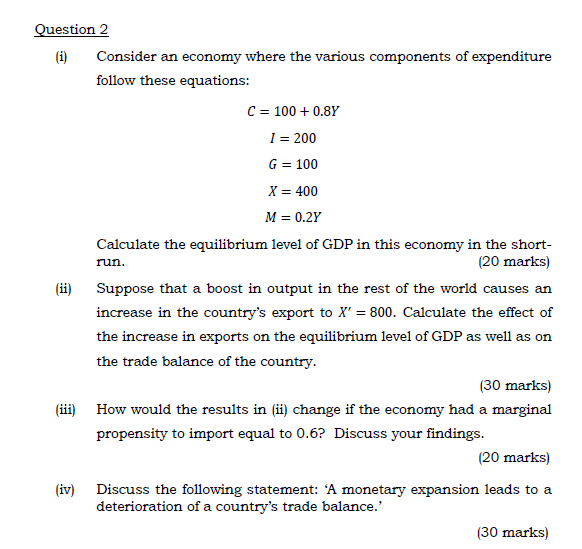 Solved Question 2 (1) Consider An Economy Where The Various | Chegg.com