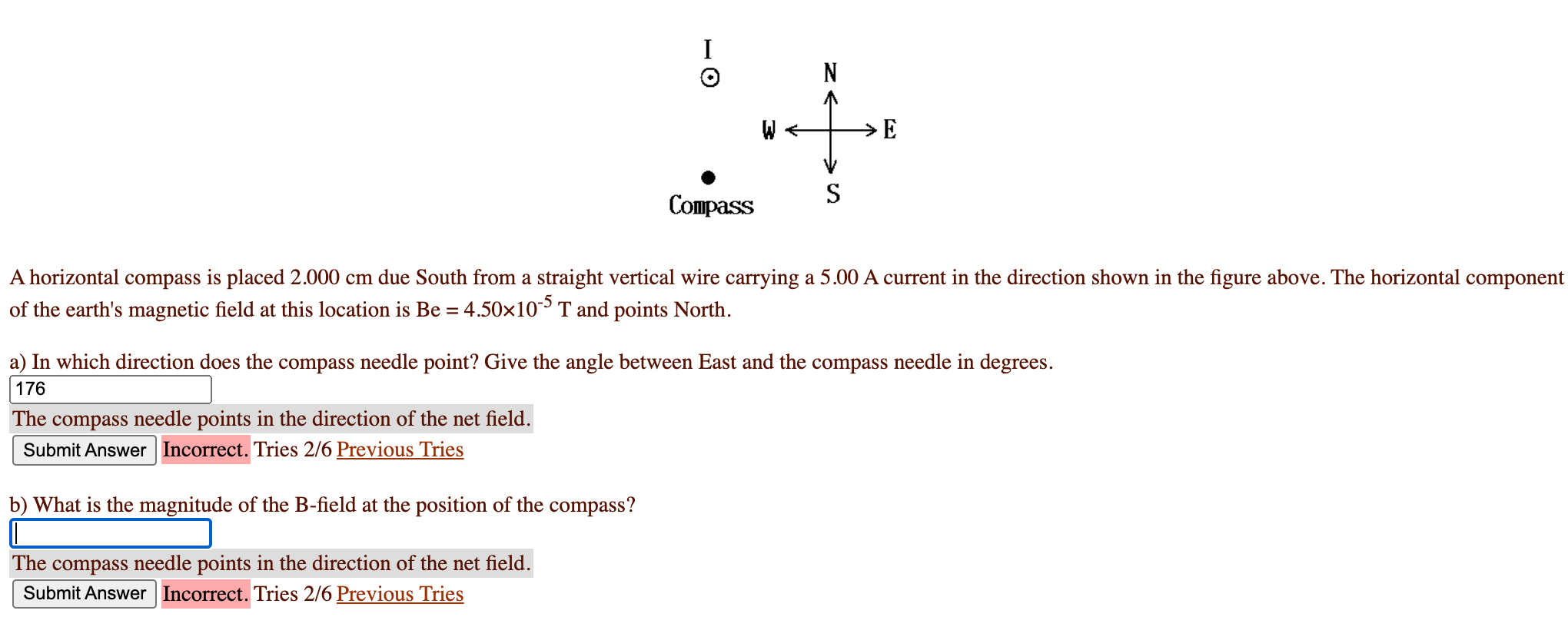 Solved I N : →E S Compass A horizontal compass is placed | Chegg.com