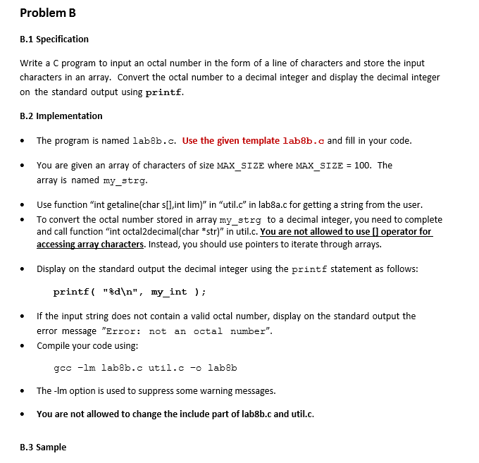 Solved Problem B B.1 Specification Write a C program to | Chegg.com