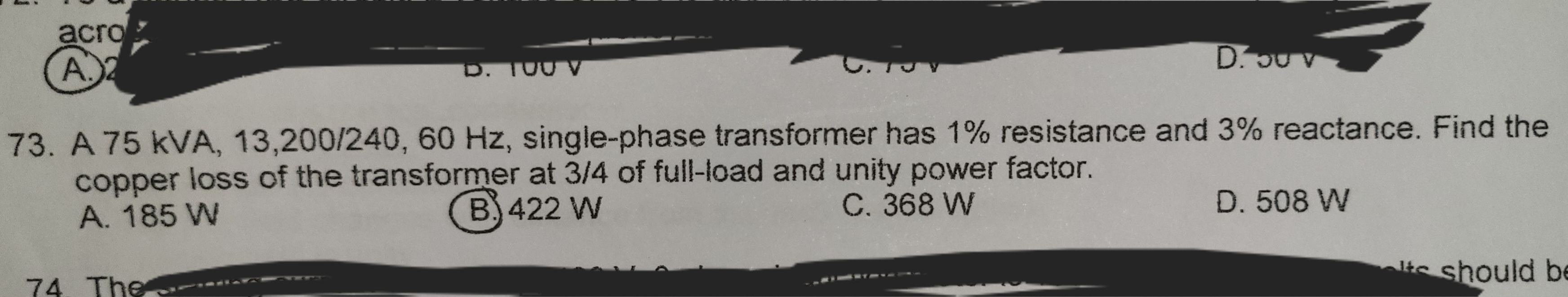 Solved 73. A \\( 75 \\mathrm{kVA}, 13,200 / 240,60 | Chegg.com