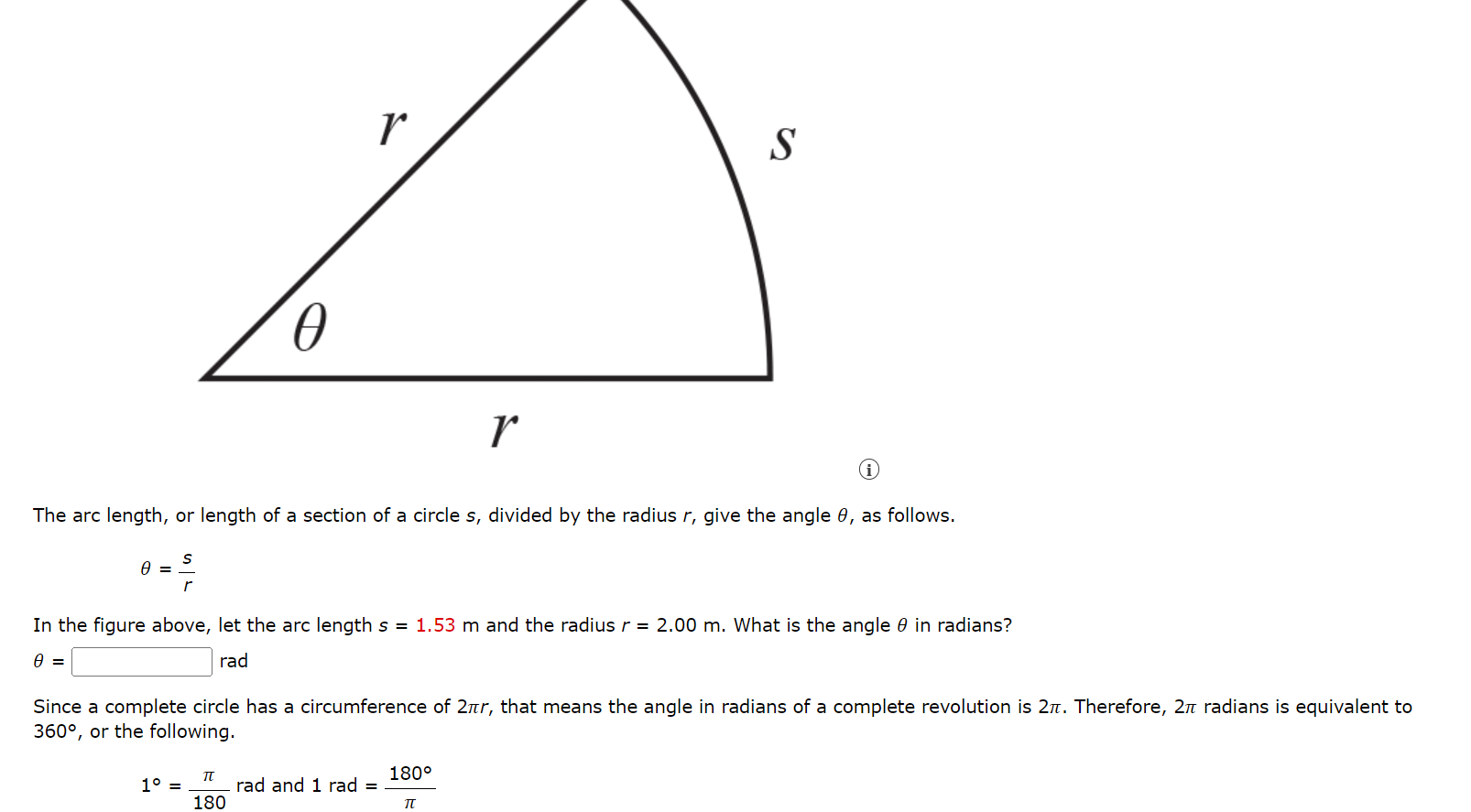 Solved The arc length, or length of a section of a circle s, | Chegg.com