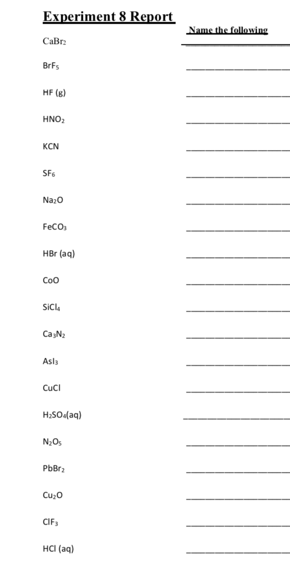 Solved Experiment 8 Report Name the following CaBr2 BrFs HF | Chegg.com