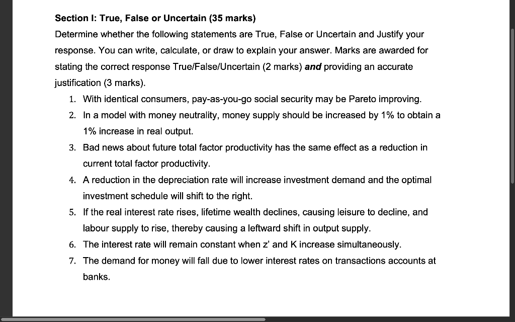 Solved Section 1: True, False or Uncertain (35 marks) | Chegg.com