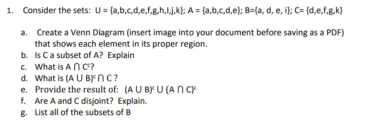 Solved 1 Consider The Sets U A B C D E F G H 1 J K Chegg Com