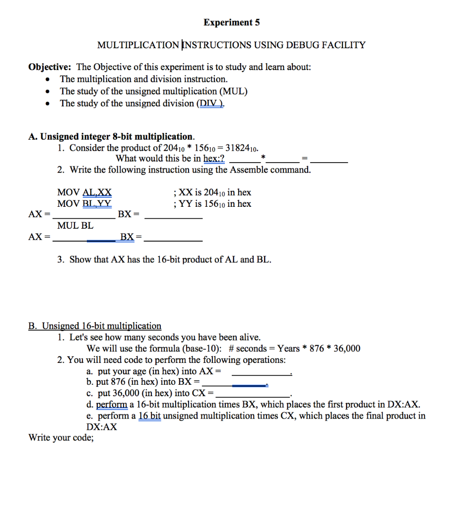 Experiment 5 MULTIPLICATION INSTRUCTIONS USING DEBUG | Chegg.com