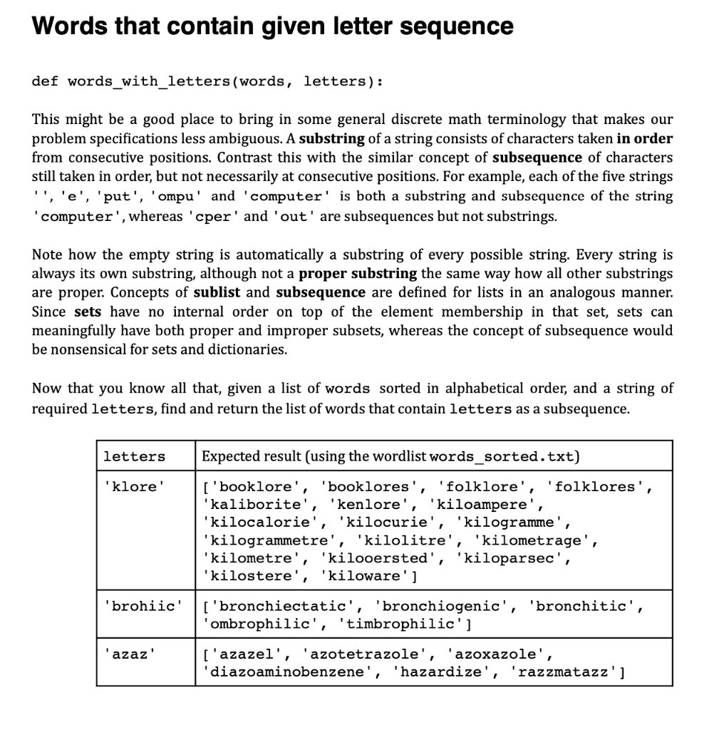 Solved Words that contain given letter sequence def Chegg