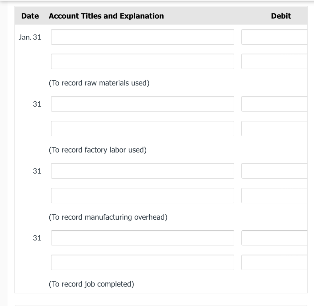 Date Account Titles and Explanation
Debit
Jan. 31
(To record raw materials used)
31
(To record factory labor used)
31
(To rec