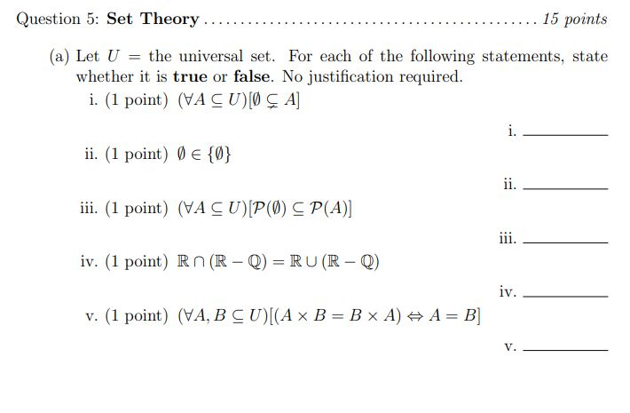 Question 5 Set Theory 15 Points A Let U The Chegg Com