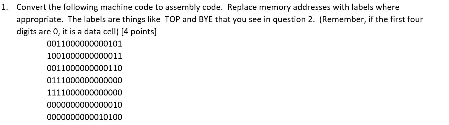 Solved 1. Convert the following machine code to assembly | Chegg.com