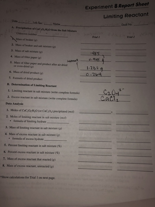 Solved Experiment 8 Report Sheet Limiting Reactant Date Lab | Chegg.com