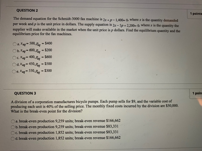 at Solved QUESTION 2 1 points The demand equation for the