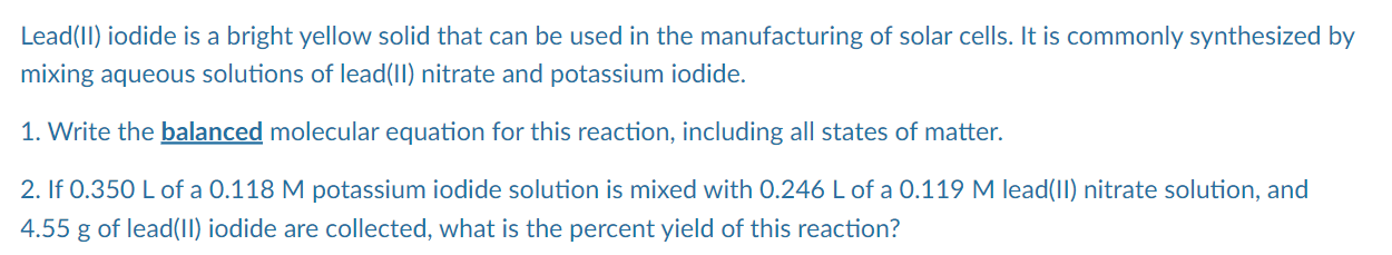 Solved Lead(II) iodide is a bright yellow solid that can be | Chegg.com