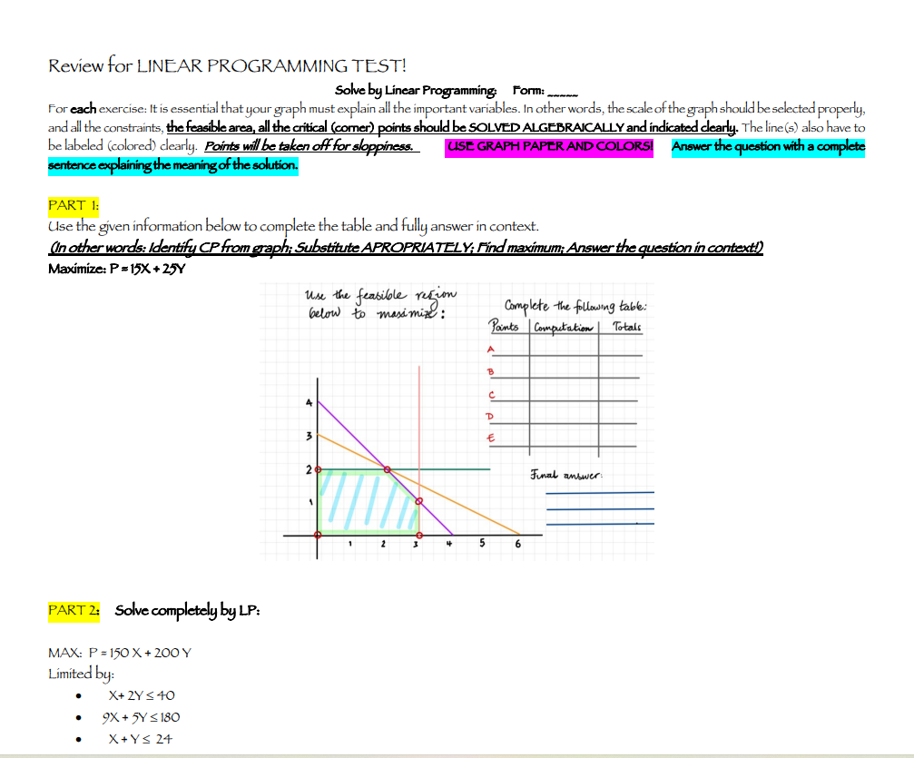 Solved Review for LINEAR PROGRAMMING TEST! Solve by Linear | Chegg.com