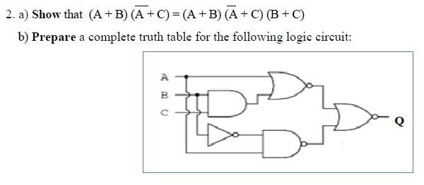 Solved 2. a) Show that (A+B) (A+C) = (A + B) (A+C)(B+C) A ) | Chegg.com