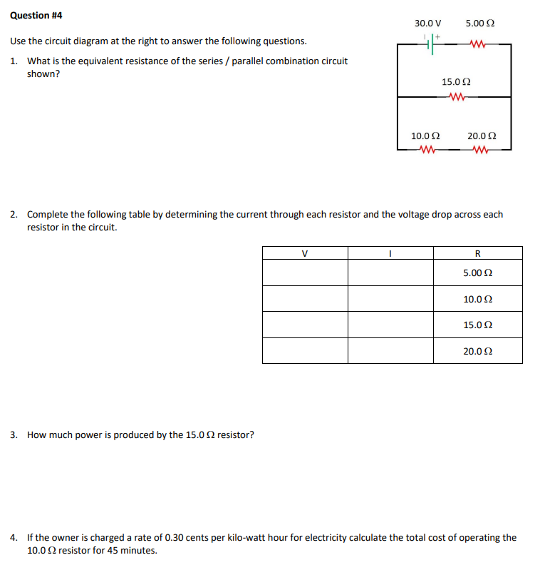 Solved Question #4 30.0 V 5.00 22 w Use the circuit diagram | Chegg.com