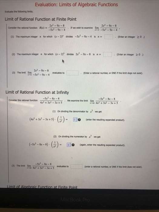 Solved Evaluation: Limits of Algebraic Functions Evaluate | Chegg.com