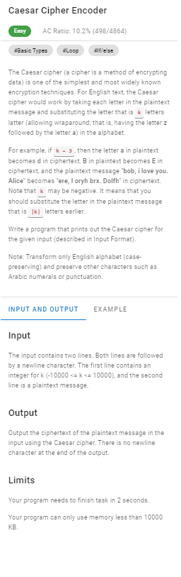 Solved Caesar Cipher Encoder Easy AC Ratio: 10.2% (498/4864) | Chegg.com