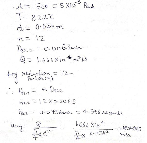 M= 5cp =5X10 Pas
T= 82.2°C
d. = 0.034 m
n = 12
D82.2 = 0.0063 min
Q = 1.666X164 m3ls
rede
=
reduction = 12
Factor (n)
: F82.2