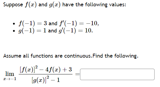 Solved Suppose f(x) and g(x) have the following values: - | Chegg.com