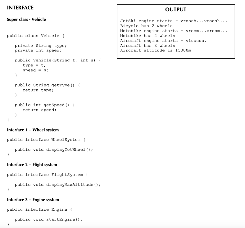 Solved INTERFACE OUTPUT Super class - Vehicle public class | Chegg.com