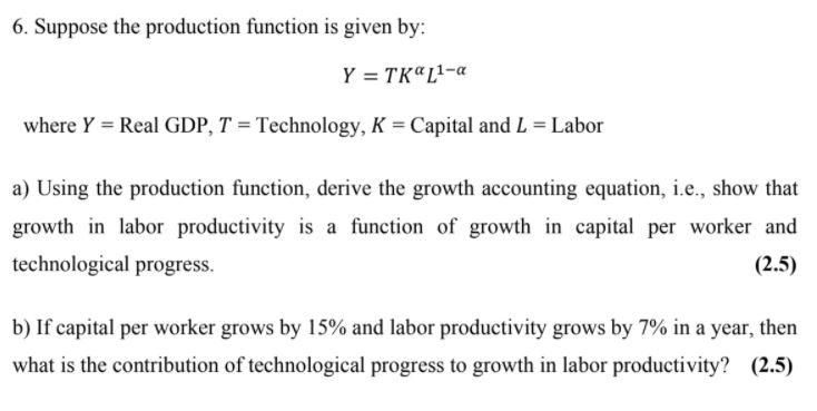 Solved 6. Suppose the production function is given by: Y = | Chegg.com
