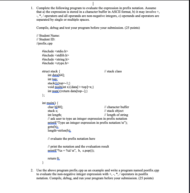 that a) the expression is stored in a character buffer in ASCII format, b) it may involve \( + \), \( -, *, / \) operators an