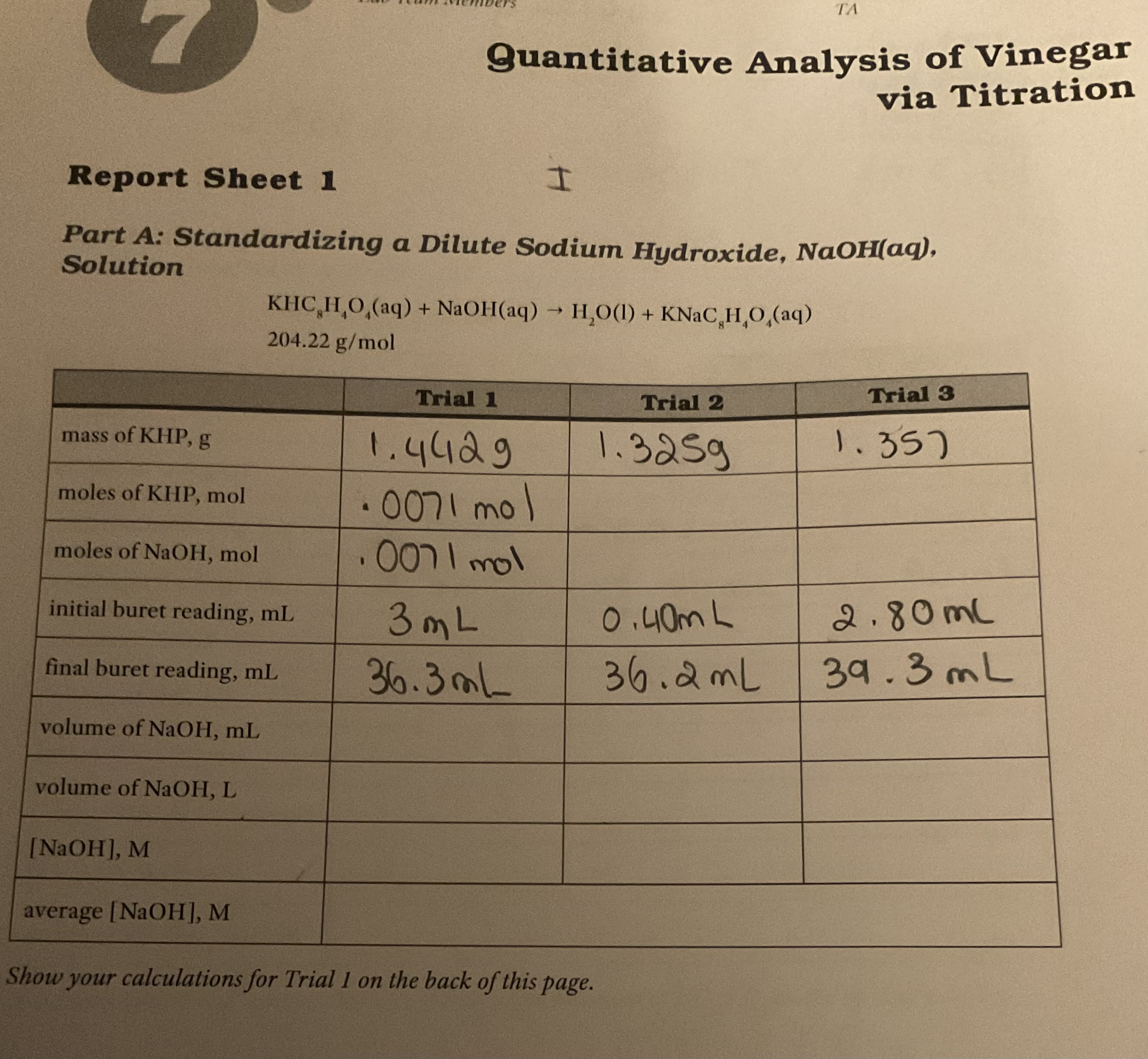 Solved Quantitative Analysis Of Vinegar Via Titration Report | Chegg.com