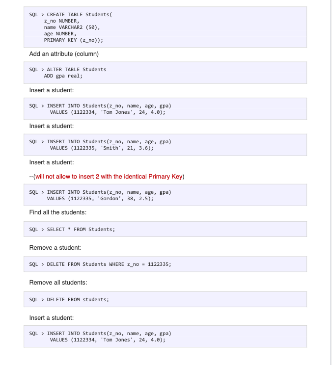 Solved SQL> CREATE TABLE Students( z_no NUMBER, name | Chegg.com